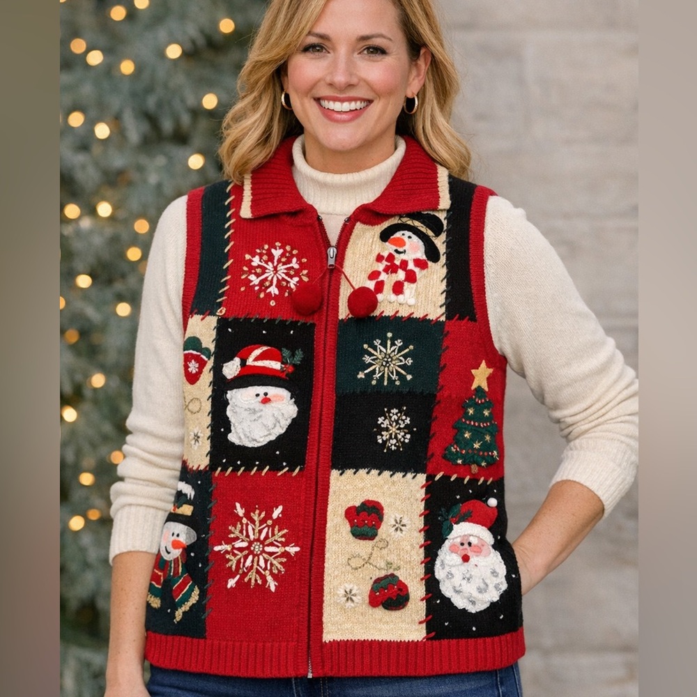 Inspire by One Step Up Christmas Sweater Vest Santa Snowman Holiday Knit Size L